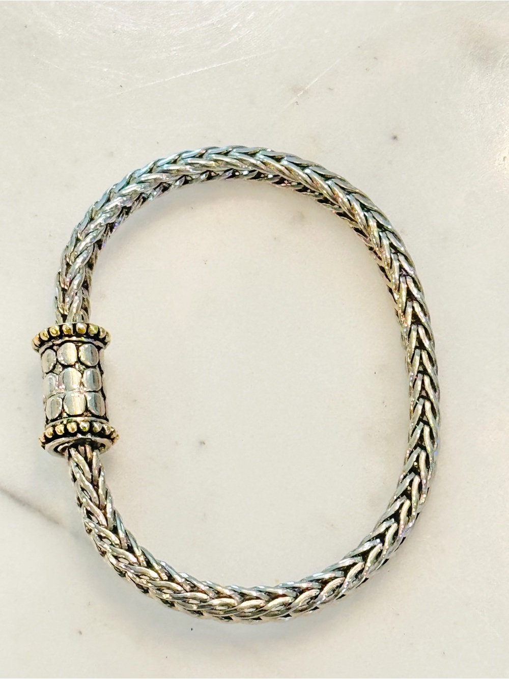 Silver Woven Bracelet with Decorative Barrel Gold Accents Magnetic Clasp